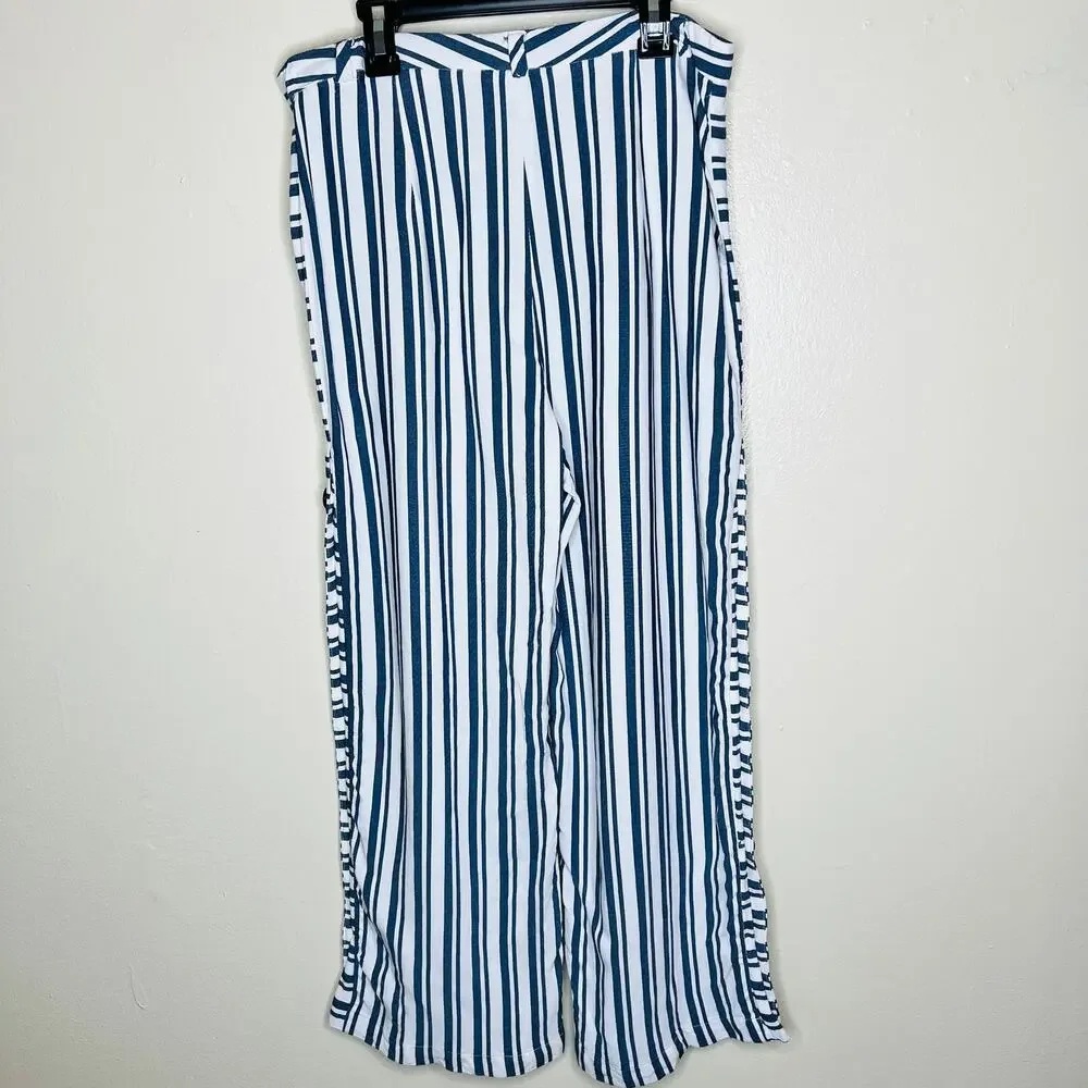 Waverly Grey Pants w Pockets 10 Blue White Stripe Wide Leg Casual Cropped Rayon - Picture 4 of 10